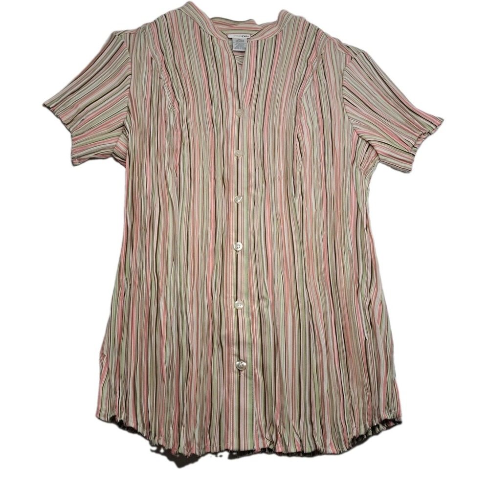 East 5th Striped Blouse Women Plus 1X Office Pleated Pastels Button RUNS SMALL